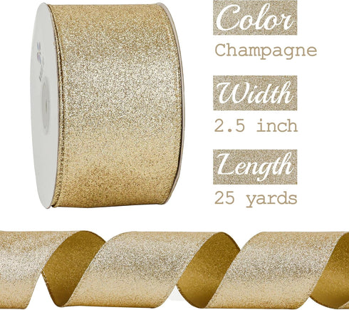 MEEDEE Champagne Gold Ribbon Gold Wired Ribbon 2.5 Inch Metallic Ribbon by 25 Yards Gold Glitter Ribbon for Christmas Tree Champagne Christmas Rib...