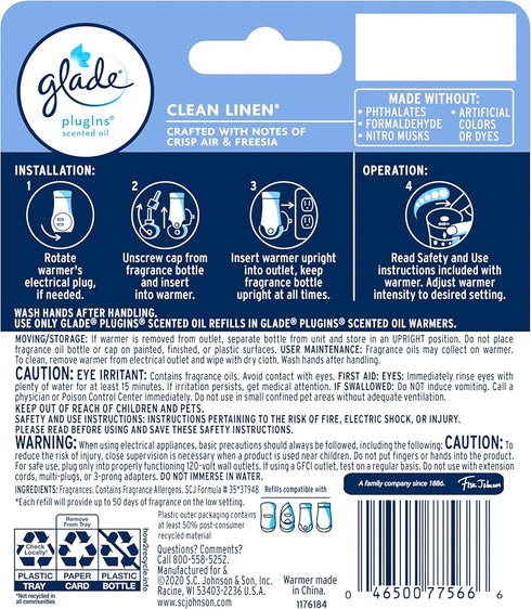 Glade PlugIns Refills Air Freshener Starter Kit, Scented and Essential Oils for Home and Bathroom, Clean Linen, 1.34 Fl Oz, 1 Warmer + 2 Refills...