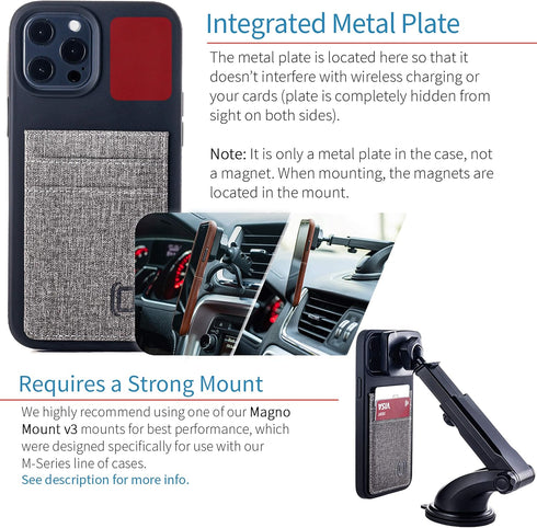 Dockem M2T Wallet Case for iPhone 12 Pro Max: Hidden Metal Plate for Magnetic Mounting with Canvas Style Synthetic Leather, 2 Card Slots (Black/Gr...