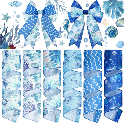 6 Rolls 30 Yards Summer Starfish Ribbons Wired for Wreath Bows Wrapping Gifts, Beach Sea Waves Ribbon for Gift Wrapping Birthday Party Decoration ...