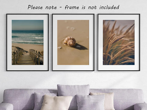 Sandy Beach Landscape Set of 3 Unframed Wall Prints, Coastal Sea Shell Ocean Waves Beach Path Wooden Bridge Reeds Posters, Bathroom Living Room Be...