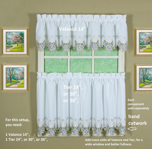 Today's Curtain Verona Reverse Embroidery Tier, 36", White/Blue, 60" W X 36" L...