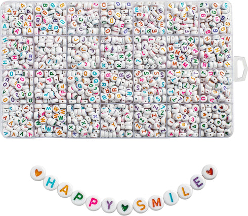 1400pcs Letter Beads Kit, 4x7 mm Acrylic Round Alphabet Beads Number Beads Heart Beads for Jewelry and Bracelet Making, in 28 Grid Box (White and ...