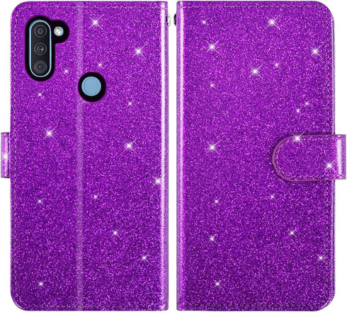 Asuwish Phone Case for Samsung Galaxy A11/M11 with Tempered Glass Screen Protector and Glitter Wallet Cover Cell Accessories Card Holder Slot Stan...