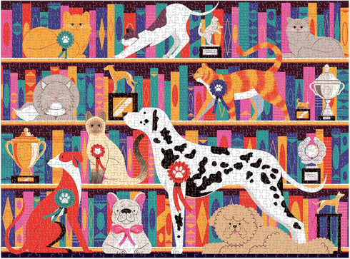 Galison Best in Show – Michael Driver 1000 Piece Puzzle Featuring A Witty Shelfie of Felines and Canines Sharing Trophies and Books...