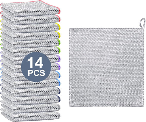 14 Pcs New Upgrade Thicken Steel Wire Dishcloth,Double-Layer Steel Wire Cleaning Cloth,Powerful Cleaning Non-Scratch Wire Dishcloth Rag for Cookwa...