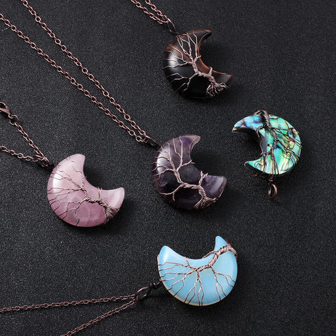 Hicarer 5 Pieces Tree Life Crescent Moon Necklace Copper Wire Wrap Natural Gemstones Healing Crystal Pendant Quartz Jewelry...