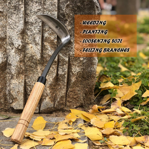SHANFEEK Japanese Weeding Sickle Hoe Gardening Tools 13-Inch Weed Remover Tool High-Carbon Steel One-Piece Molding with Hard Solid Wood Handle(Sna...