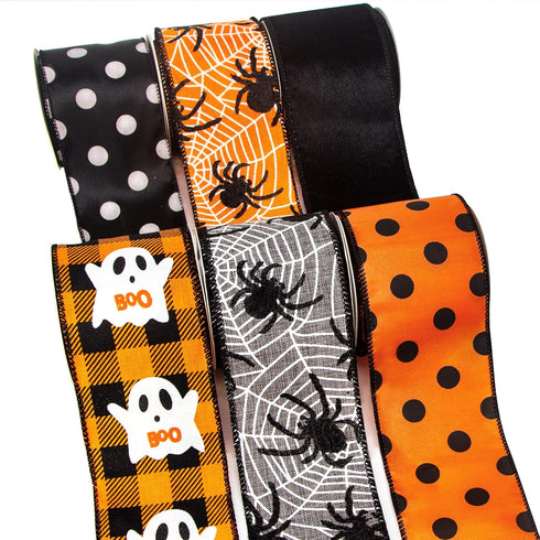 Ribbli Halloween Ribbon Wired,6 Rolls Orange and Black Halloween Ribbon 2.5 Inch Total 90 Feets(30 Yards), Ghost/Spider/Polka Dot/Black Velvet Rib...