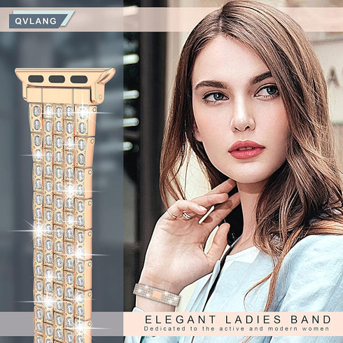 QVLANG Compatible for Apple Watch Band 44mm Series 6/5/4/SE, Diamond Rhinestone Case + Women Bling Band Stainless Steel Metal Bracelet for iWatch ...