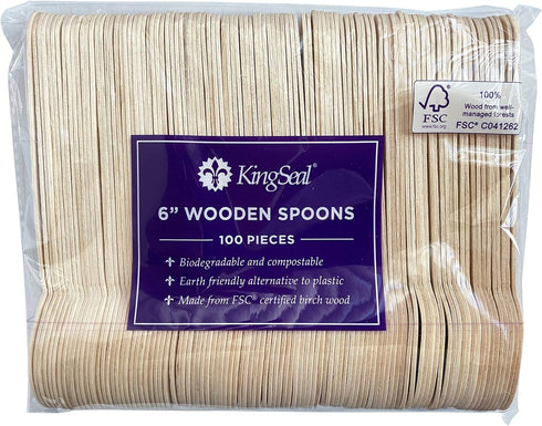 KingSeal Disposable Birch Wood Cutlery Spoons, Biodegradable and Earth Friendly, 6.25 Inch Length - 1 Pack of 100 pcs...