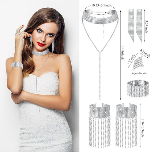 HAIAISO 7 Pieces Rhinestone Jewelry Set for Women Crystal Choker Necklace Tennis Stretch Bracelet Dangle Earrings Diamond Ring Rhinestone Tassel A...