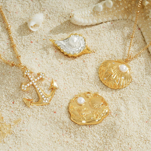 Gold Pendant Necklace for Women 14K Gold Plated Cubic Zirconia Pearl Ocean Coin Starfish Seashell Dainty Necklace Handmade Gold Jewelry Gifts...