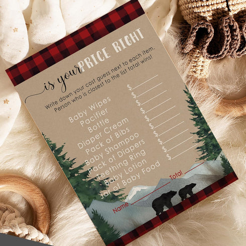 Mama Bear Baby Shower Games for Boys - Guess The Price is Right - 25 Cards - Fun Activities for Guests with Prizes - Lumberjack Theme in Red and B...