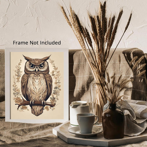 Posterizer 1 pcs- Brown owl with pastel brown background-Art for Animal Lovers-Floral Botanical Art- Gift for Men Women Entrepreneur Teens-Living ...