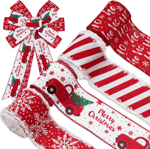AnyDesign 24 Yards Christmas Wired Edge Ribbon Red White Xmas Snowflake Truck Fabric Craft Ribbon for Wreath Bow Making Gift Wrapping, 4 Roll...
