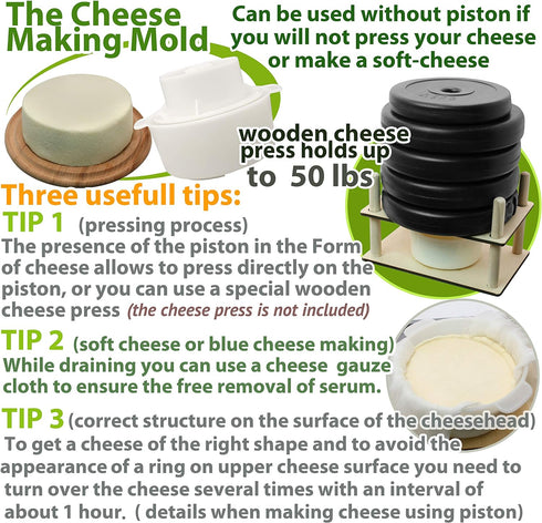 PetriStor Cheese Mold for Cheese Making Cheese with Follower Piston 1.3QT and Cheesecloth - Cheese Form Mold - Cheese Making Basket - Paneer Chees...