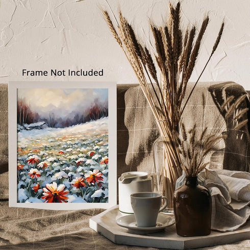 Posterizer 1 pcs-snowy winter flowers scene in oil painting style-14-Floral & Botanical Art-Landscape & Nature Art-Living Room Bedroom Decor- unfr...