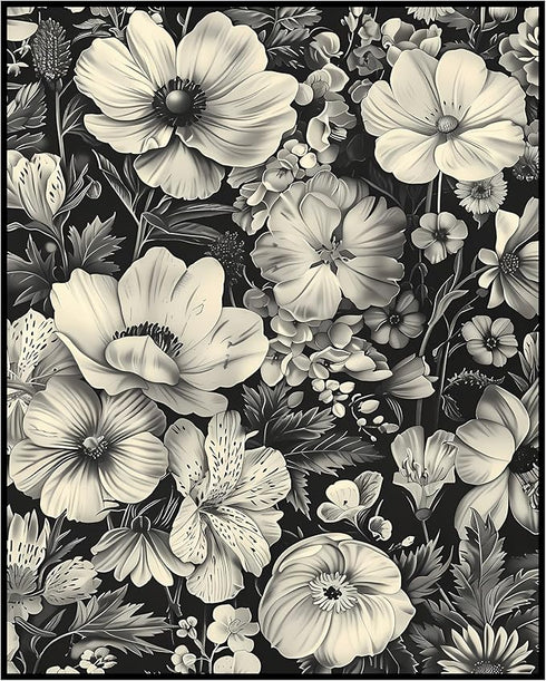 Posterizer 1 pcs-gray flowers-black background-minimal wall art-Floral & Botanical Art-Abstract & Modern Art-Decor for Home & Office- UNFRAMED Wal...