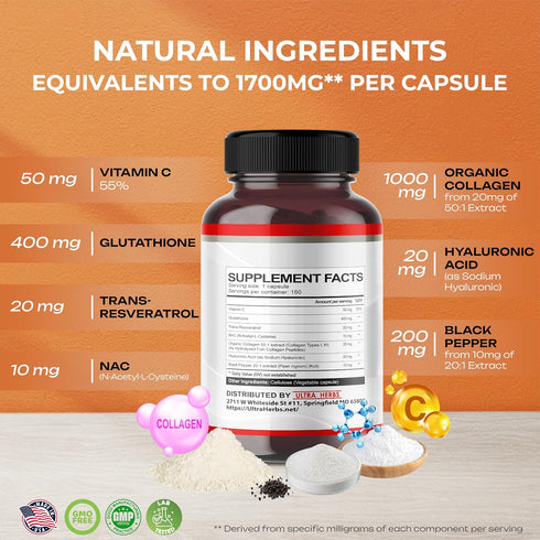 Glutathione Supplement 10,050mg Active Reduced Form, Enriched with Resveratrol, NAC, Collagen, Hyaluronic Acid, Vitamin C - Advanced Antioxidant f...