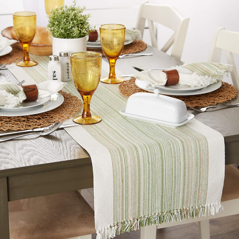 DII Everyday Collection Fringed Stripe Tabletop, Table Runner, 14x72, Thyme...