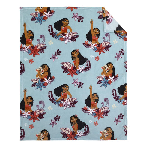 Disney Moana Feel The Waves Aqua, Coral & Violet with Pua Pig & Tropical Flowers Super Soft Toddler Blanket, Aqua, Orange, Purple, White , 40x50 I...