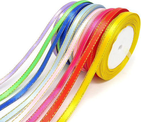 Honbay 8 Rolls 1/4 Inch 25 Yard/Roll Double Faced Satin Ribbons Fabric Ribbon with Golden Edges for Wedding, Birthdays, Baby Showers, Crafts Decor...