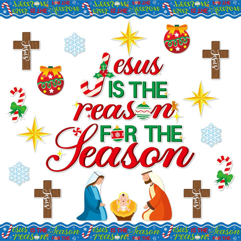 BeYumi 96Pcs Jesus is The Reason for The Season Cutouts Bulletin Board Decoration Set Christmas Nativity Christian Faith Religious Sunday School C...