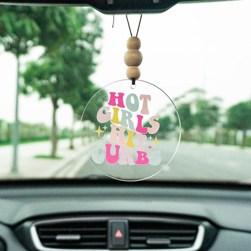 Talataca Hot Girls Hit Curbs 2D Flat Car Ornament & Wood Beads, Funny Quote Beaded Rear View Mirror Accessories, Retro Rearview Hanging Charm, Chr...