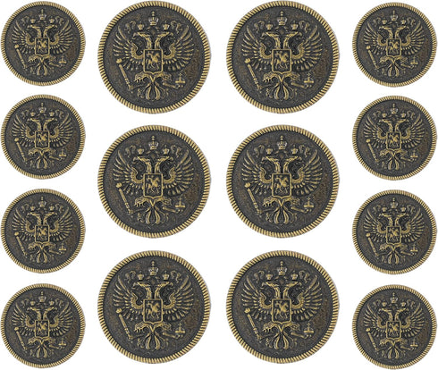 Bezelry Two-Headed Eagle Metal Shank Double Blazer Button Set. 6 Pcs of 25mm, 8 Pcs of 18mm (Antique Brass)...