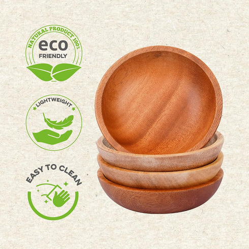 Mini Wooden Bowl Set of 4 (3.54" Diameter x 0.78" Height) for Condiments, Dip Sauce, Ketchup, Small Wood Bowl for Jam, little Prep, Olive (Round)...