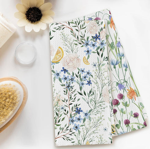 Floral Colorful Green Leaf and Wildflower Spring Kitchen Dish Towels, 16×24 Inches Summer Hand Tea Towel for Home Cooking Baking Cleaning, Set of ...