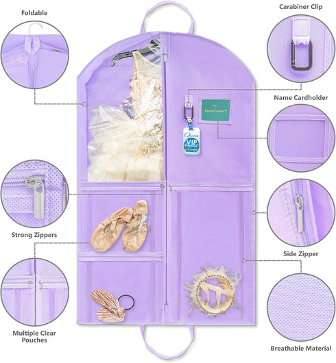 Waterproof Hanging Garment Bag 40 inch Clothes Bag with Gusset, 5 Pockets & Side Zip for Dance Costumes, Sports, Skating, Theatre, Beauty Pageants...