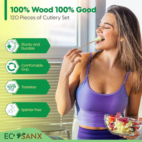 120 PCs Wooden Cutlery set | 6.5" Splinter Free Compostable Utensils, Biodegradable, Eco-Friendly | 100% All - Natural Bamboo Utensils for Outdoor...
