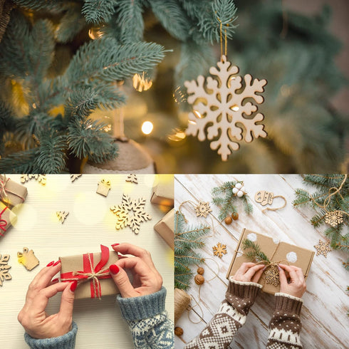 Sggvecsy Unfinished Wooden Snowflakes Ornaments, 36Pcs Christmas Tree Hanging Decoration Wood Cutouts DIY Craft Snowflake Shaped Embellishments Xm...