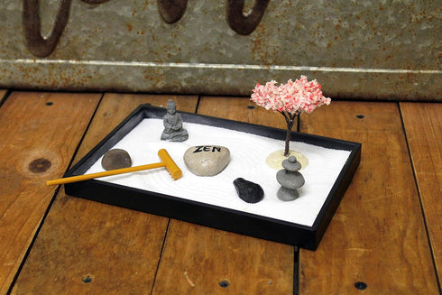 Nature's Mark Mini Zen Garden Kit for Desk with Rake, White Sand, Buddha, Lantern, Black Rectangle Base, River Rocks and Mini Blossom Tree (8Lx5W ...