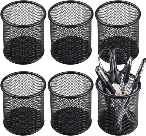 QYH Mesh Pen Cup Metal Pencil Holder for Desk 6 Packs Black Pen Organizer Office 3.54x3.93 Inch...