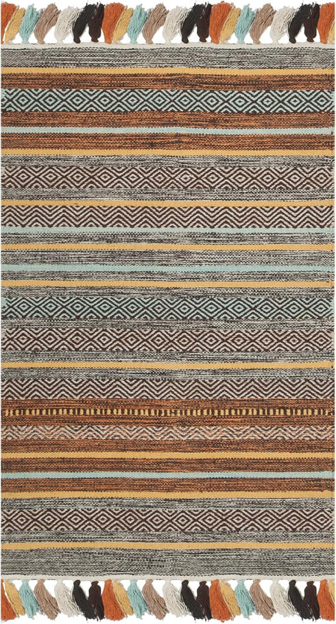 SAFAVIEH Montauk Collection Accent Rug - 2'6" x 4', Turquoise & Brown, Handmade Boho Stripe Fringe Cotton, Ideal for High Traffic Areas in Entrywa...