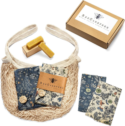 4-Pack Reusable Beeswax Wraps with Produce Bag & 2 Beeswax Bars...