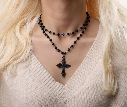 Sacina Gothic Layered Cross Necklace, Zinc Alloy Black Bead Cross Choker Necklace, Halloween Goth Jewelry Gift for Women (Layered Bead Cross)...