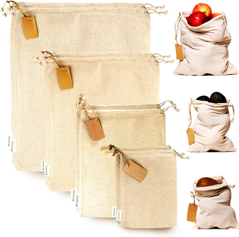LEAFICO Muslin Cloth Bags with Drawstrings - Set of 8 (S, M, L, XL) - Reusable Natural Cotton Bags for Bulk Food Storage - Canvas Fabric Sachets...