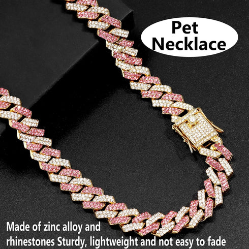 Gold Dog Chain Collar Diamond Cuban Collar Walking Metal Chain Collar with Design Secure Buckle Dog Collars for Medium Large Dogs (18inch, Pink-Go...