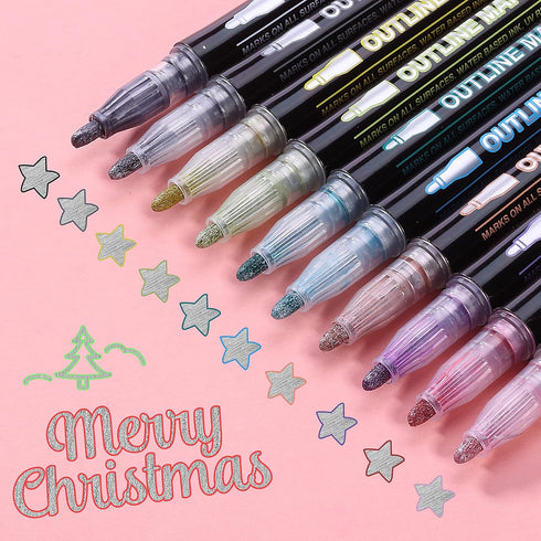 Mr. Pen- Double Line Outline Markers, 10 Colors, Shimmer Markers, Self-Outline Metallic Markers, Outline Pens, Craft Pens...