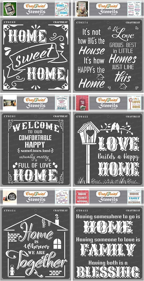 CrafTreat Home Stencils for Painting on Wood, Canvas, Paper, Fabric, Floor, Wall and Tile - Home Quotes Bundle - 6Pcs - Size: 6x6 Inches Each - Re...