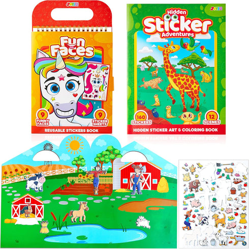 JOYIN 3 Pcs Reusable Sticker Book-Reusable Make a Face Sticker Book, Hidden Picture Sticker Book, Farm Sticker Board. On The Go Travel Toy Activit...