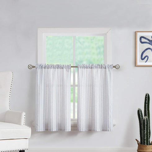 Boho Rustic Tiers Striped Sheer Curtains Pinstripe Rod Pocket Window Tiers for Living Room & Bedroom, Kitchen, Patio, Villa, 27 Inch Wide x 24 Inc...