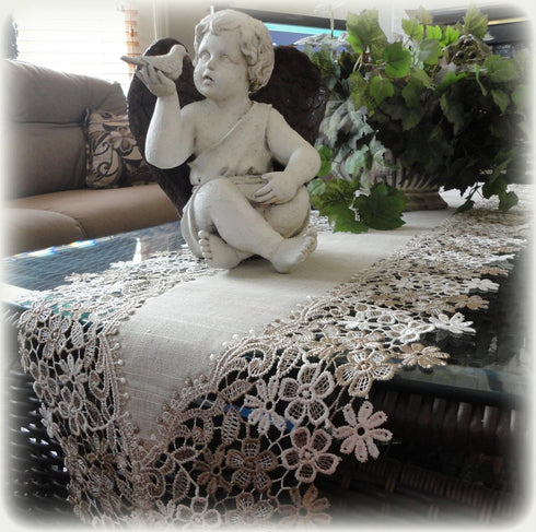 Sophisticated Floral Lace Dresser Scarf 65" Neutral Earth Tones or Mantel Scarf Table Runner...
