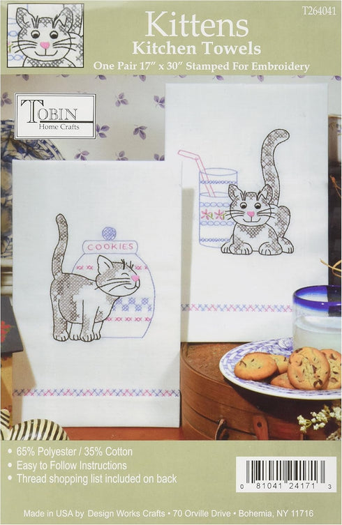 Tobin Stamped Kitchen Towels for Embroidery, Kittens 17 x30......
