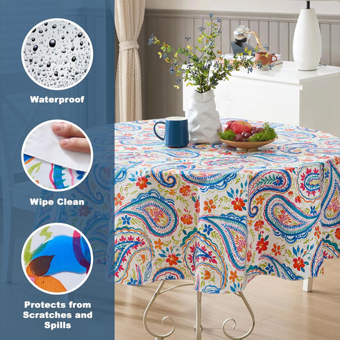 Newbridge Boho Chic Paisley Vinyl Tablecloth with Flannel Backing, 70 Inch Round, Blue Red and Pink Floral Print, Wipe Clean Table Cover for Dinin...