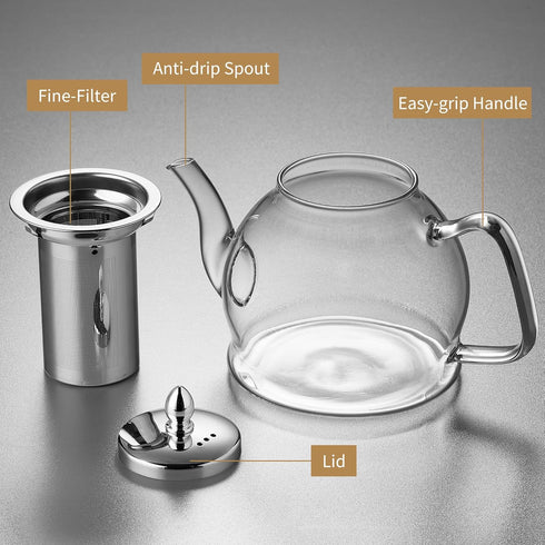 Glass Tea Pot with Infuser for Loose Tea, Heat Resistance Borosilicate Glass Tea Kettle for Gas Stovetop, Suit for Blooming and Loose Leaf Tea, 40...